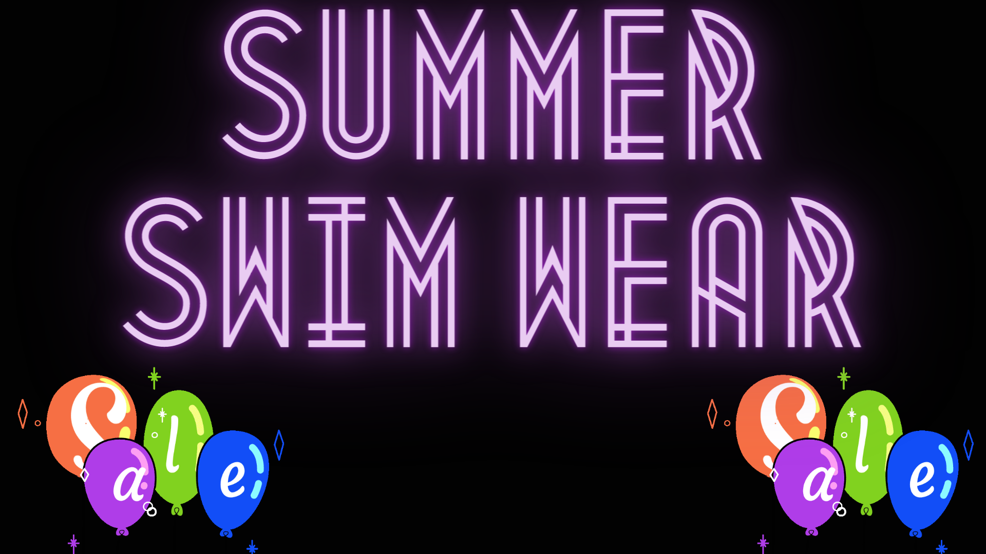 An all black backdrop WiTH Summer SWiM Wear Sale WRiTTEN in Neon Purple letters WiTH Lettered MULTiCOLORED Balloons that spell out the word "Sale!"